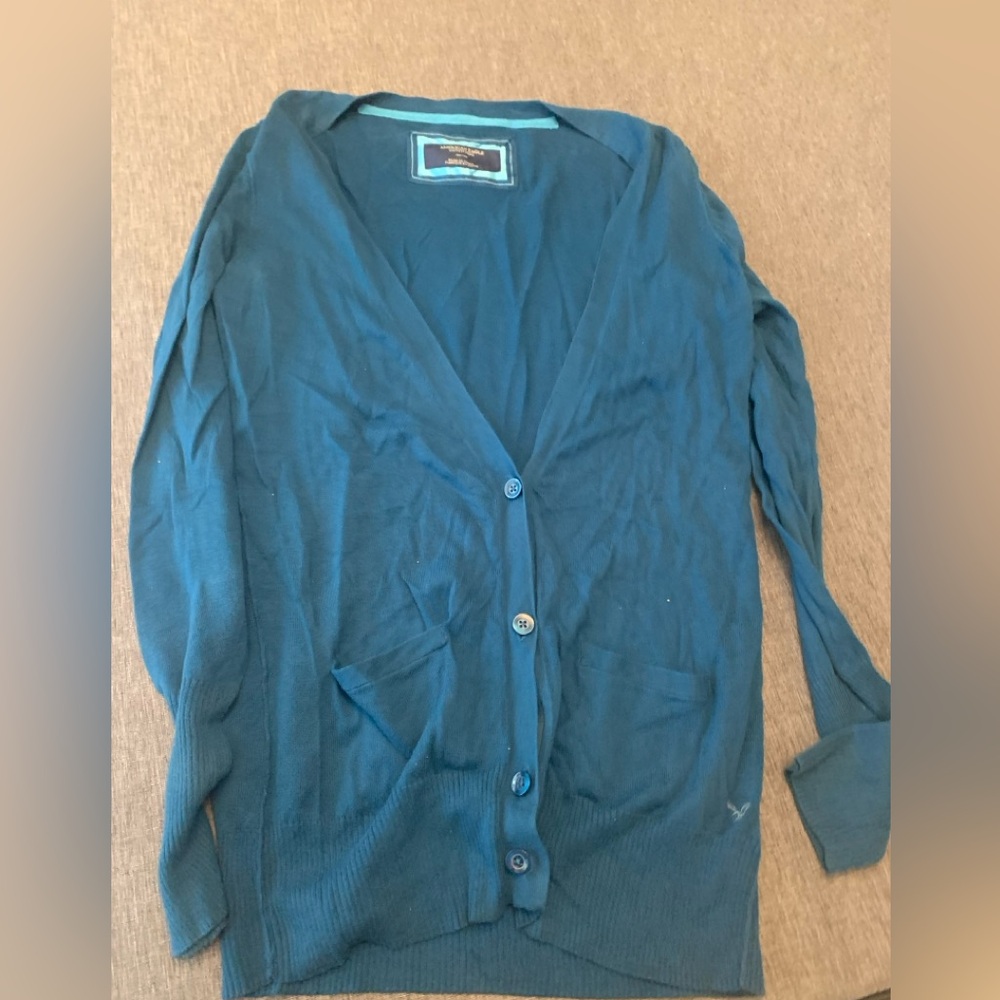 American Eagle Teal Cotton Cardigan Sweater